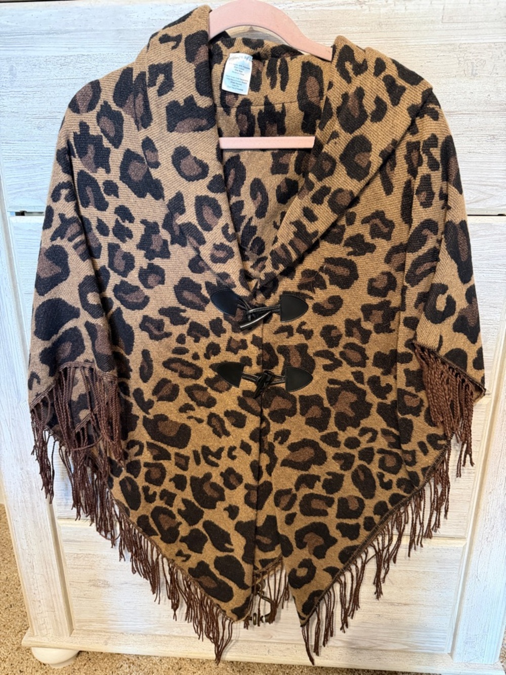 Women’s Leopard Print Fringe Poncho - Brown & Black.  One size